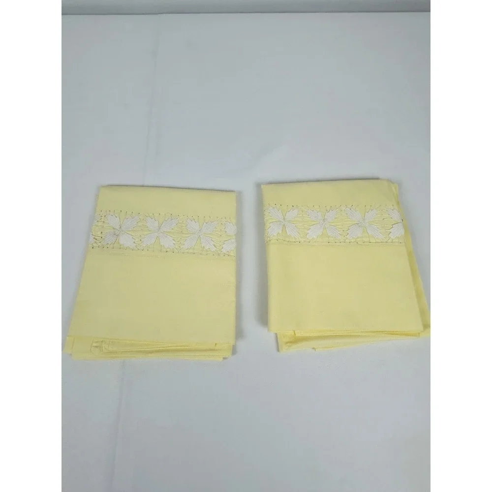 Vintage Cross Stitched Pillowcase Yellow w/White Stitching 33 x 21
